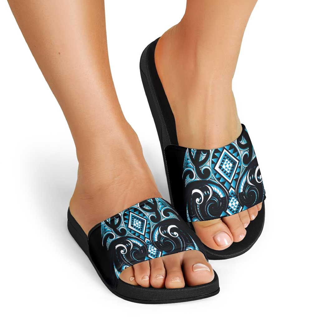 Blue Ngaru Taniko With Aotearoa Maori Tattoo Slide Sandals - Aussie Hoodie