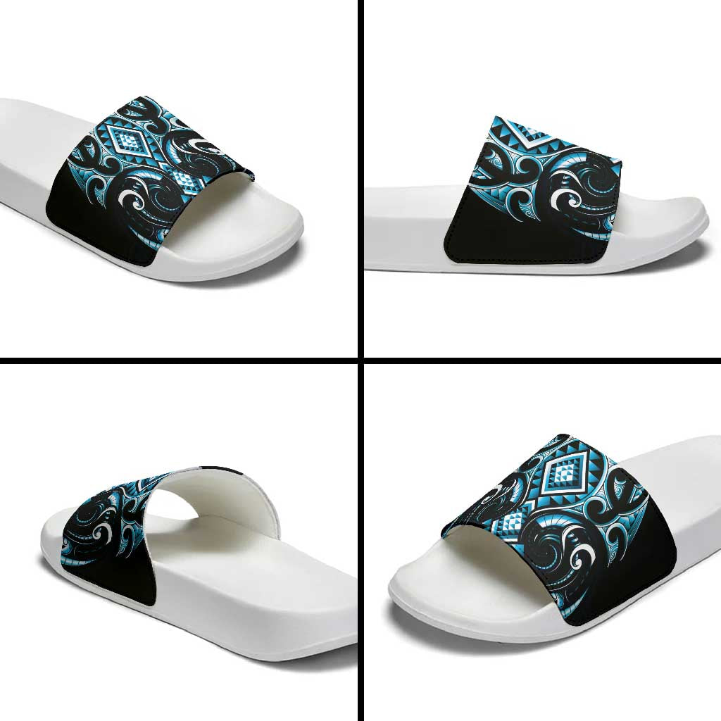 Blue Ngaru Taniko With Aotearoa Maori Tattoo Slide Sandals - Aussie Hoodie