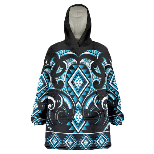 Blue Ngaru Taniko With Aotearoa Maori Tattoo Wearable Blanket Hoodie
