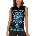 Blue Ngaru Taniko With Aotearoa Maori Tattoo Women Sleeveless Polo Shirt