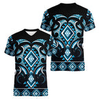 Blue Ngaru Taniko With Aotearoa Maori Tattoo Women V-Neck T-Shirt