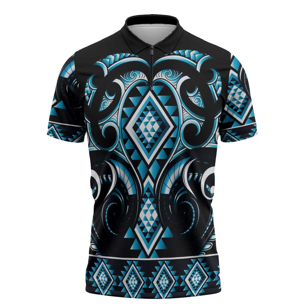 Blue Ngaru Taniko With Aotearoa Maori Tattoo Zipper Polo Shirt - Aussie Hoodie