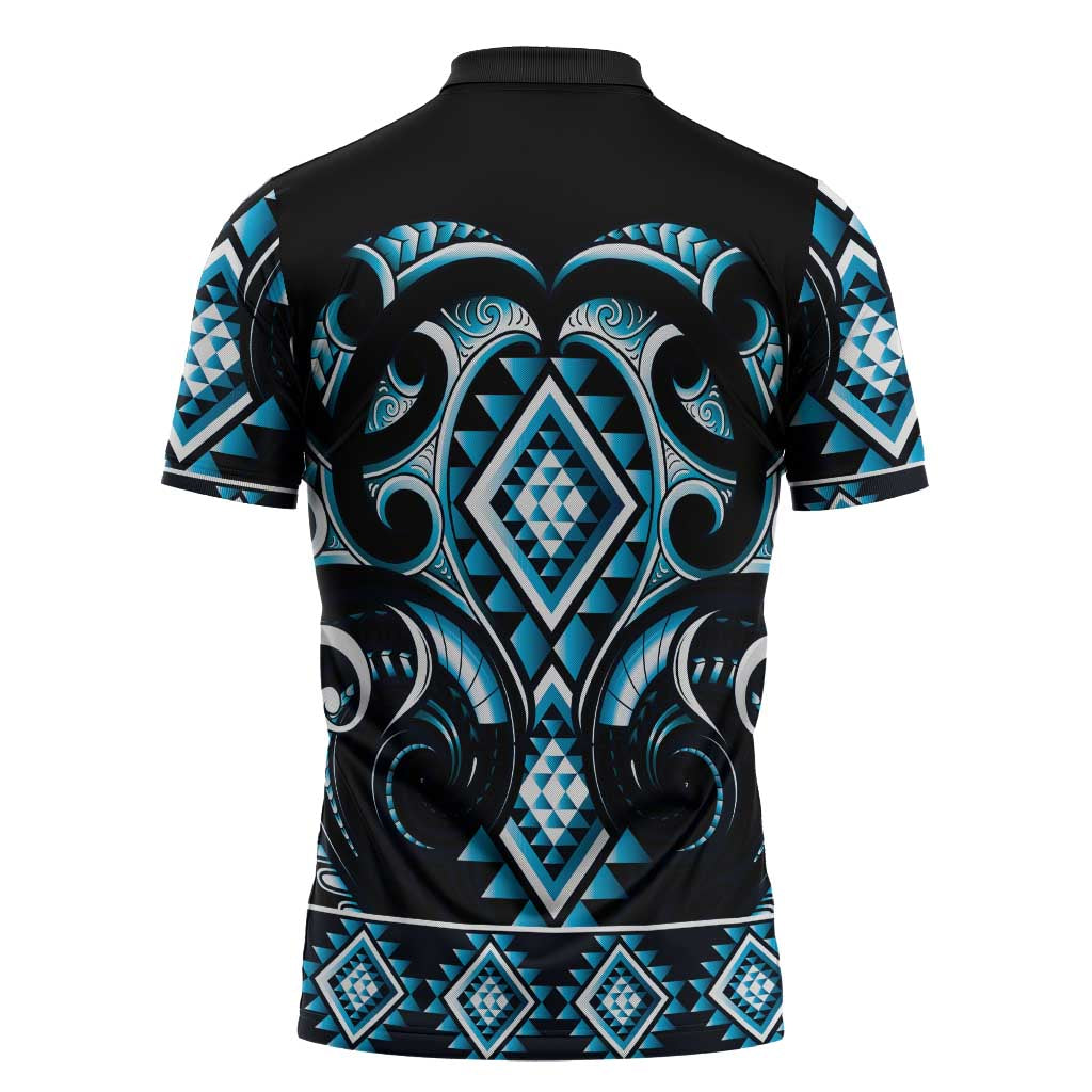 Blue Ngaru Taniko With Aotearoa Maori Tattoo Zipper Polo Shirt - Aussie Hoodie