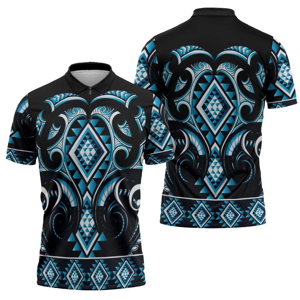 Blue Ngaru Taniko With Aotearoa Maori Tattoo Zipper Polo Shirt - Aussie Hoodie