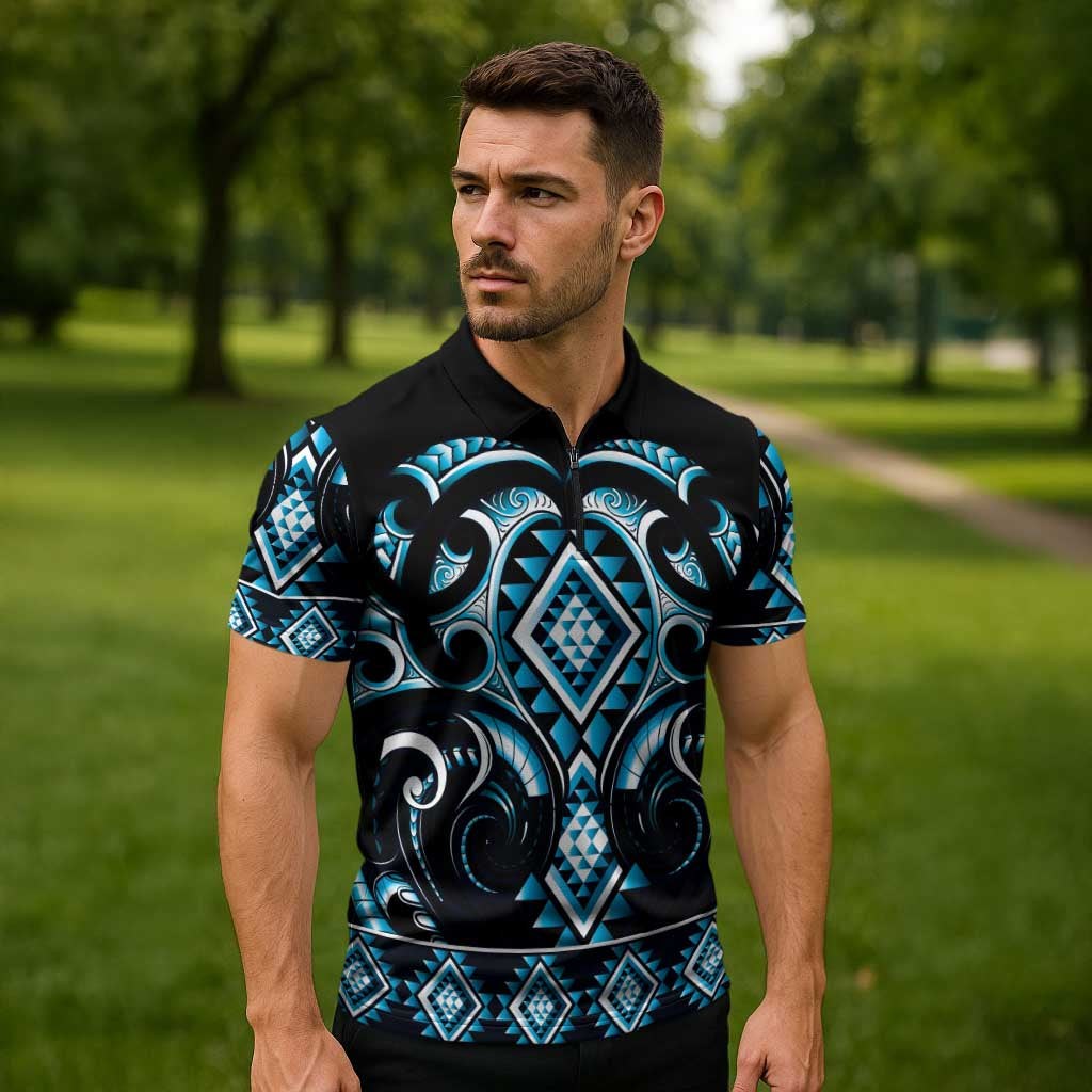 Blue Ngaru Taniko With Aotearoa Maori Tattoo Zipper Polo Shirt - Aussie Hoodie