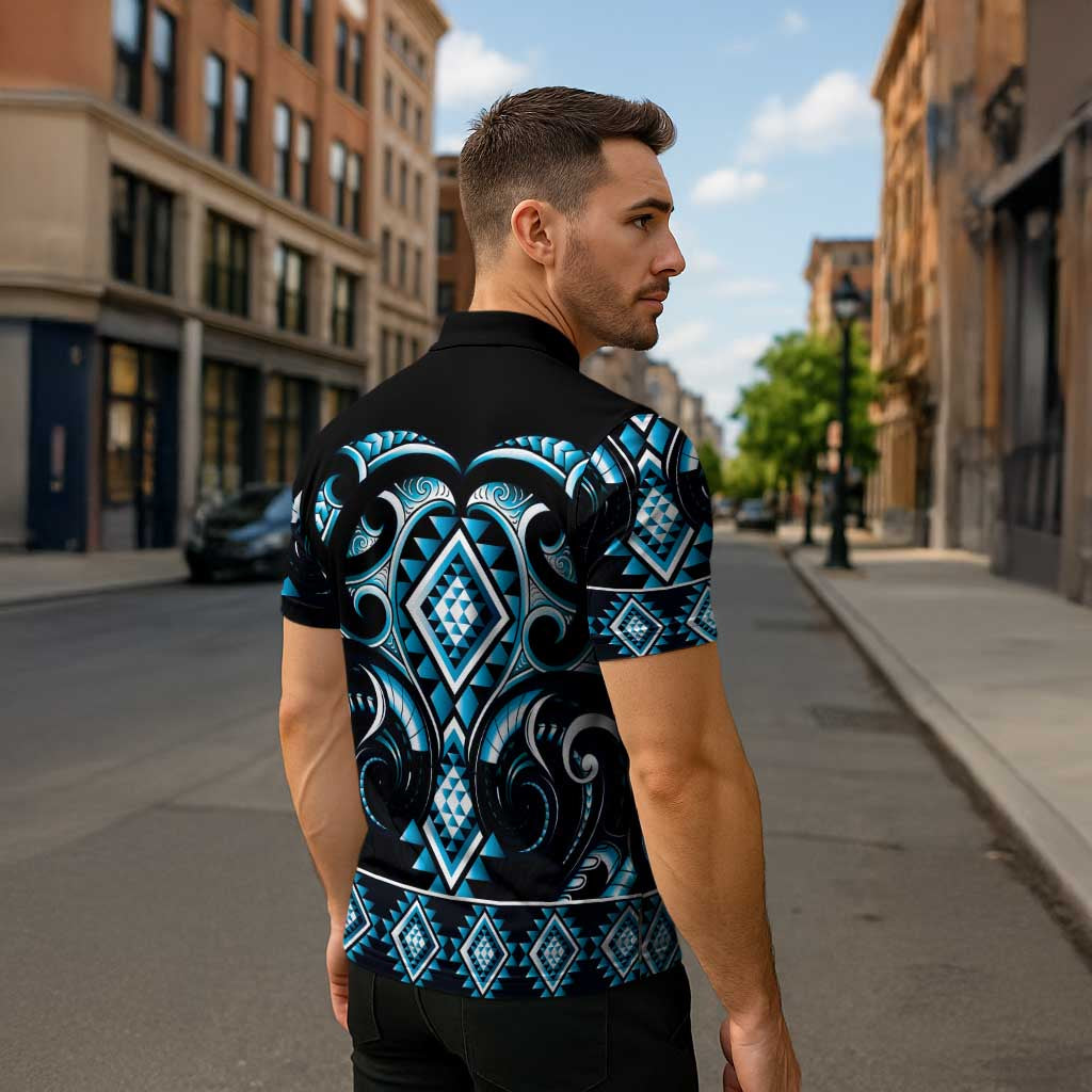 Blue Ngaru Taniko With Aotearoa Maori Tattoo Zipper Polo Shirt - Aussie Hoodie