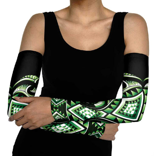 Green Ngaru Taniko With Aotearoa Maori Tattoo Arm Sleeves - Aussie Hoodie