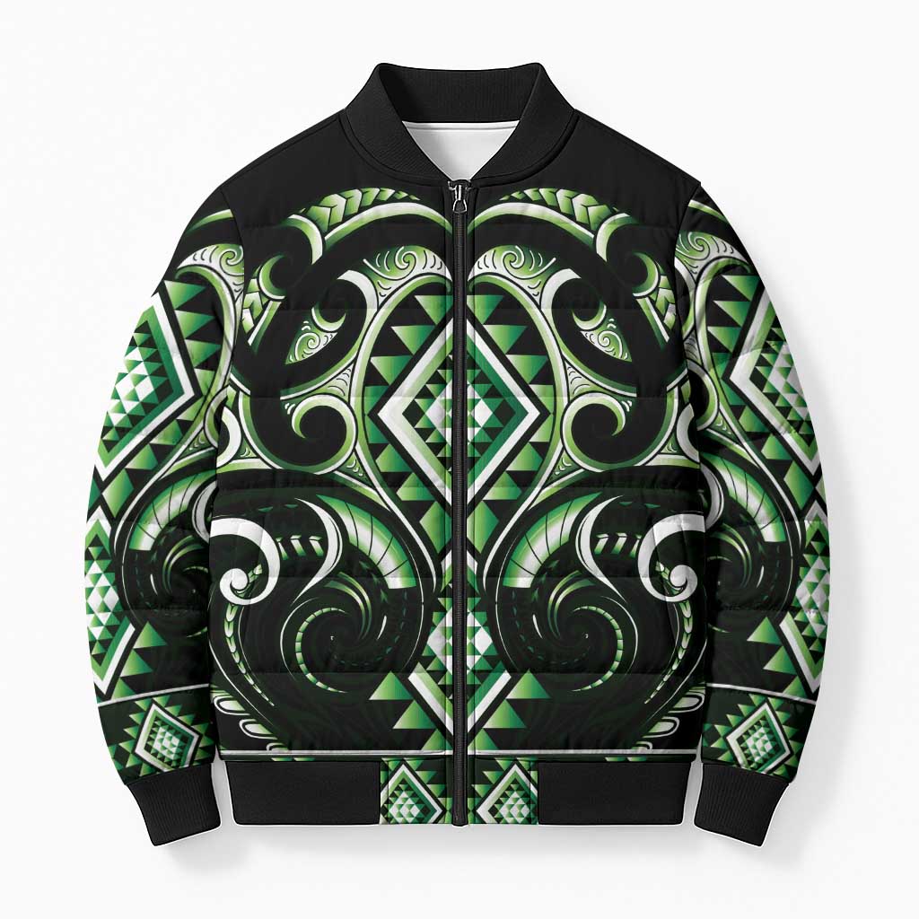 Green Ngaru Taniko With Aotearoa Maori Tattoo Bomber Puffer Jacket - Aussie Hoodie