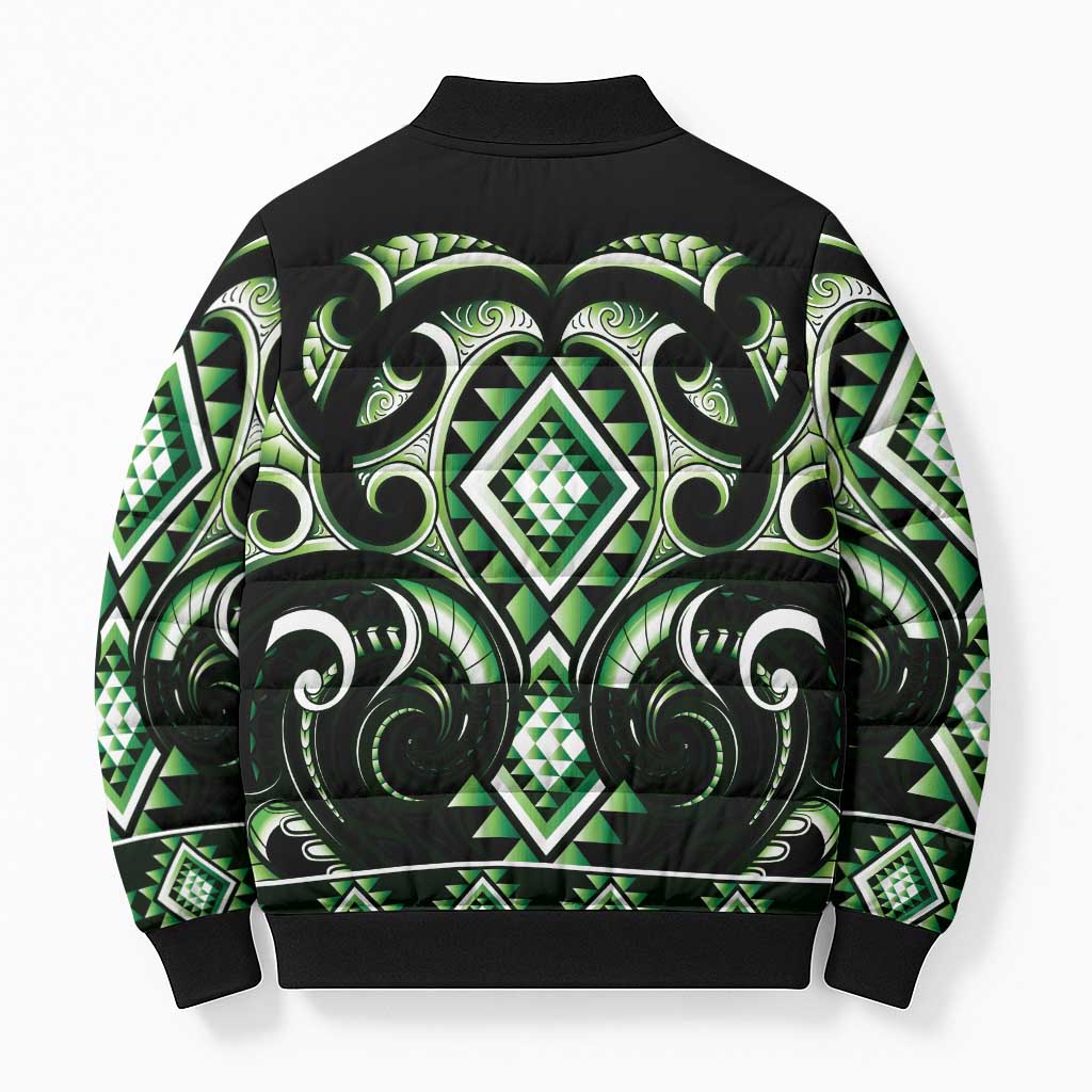 Green Ngaru Taniko With Aotearoa Maori Tattoo Bomber Puffer Jacket - Aussie Hoodie