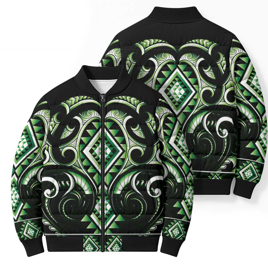 Green Ngaru Taniko With Aotearoa Maori Tattoo Bomber Puffer Jacket - Aussie Hoodie