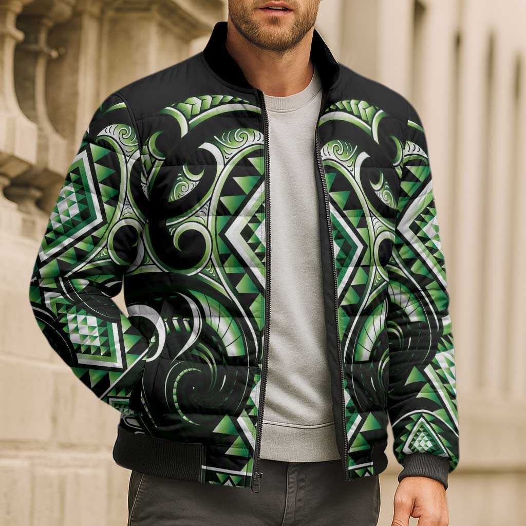 Green Ngaru Taniko With Aotearoa Maori Tattoo Bomber Puffer Jacket - Aussie Hoodie