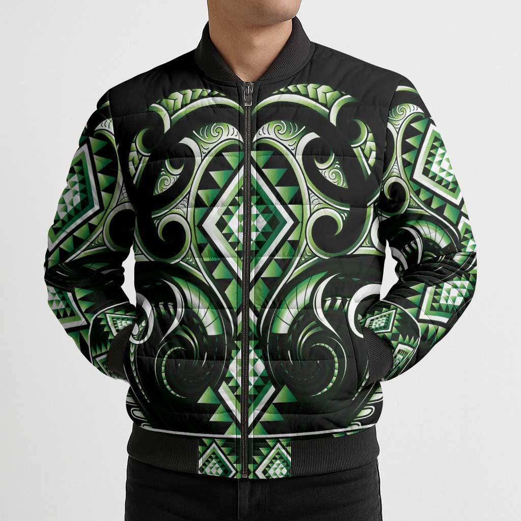Green Ngaru Taniko With Aotearoa Maori Tattoo Bomber Puffer Jacket - Aussie Hoodie