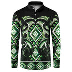 Green Ngaru Taniko With Aotearoa Maori Tattoo Button Sweatshirt