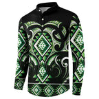 Green Ngaru Taniko With Aotearoa Maori Tattoo Button Sweatshirt