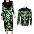 Green Ngaru Taniko With Aotearoa Maori Tattoo Couples Matching Long Sleeve Bodycon Dress and Long Sleeve Button Shirt