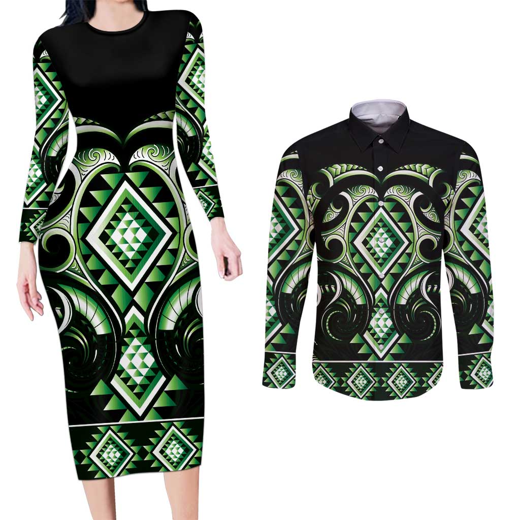 Green Ngaru Taniko With Aotearoa Maori Tattoo Couples Matching Long Sleeve Bodycon Dress and Long Sleeve Button Shirt