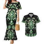 Green Ngaru Taniko With Aotearoa Maori Tattoo Couples Matching Mermaid Dress and Hawaiian Shirt
