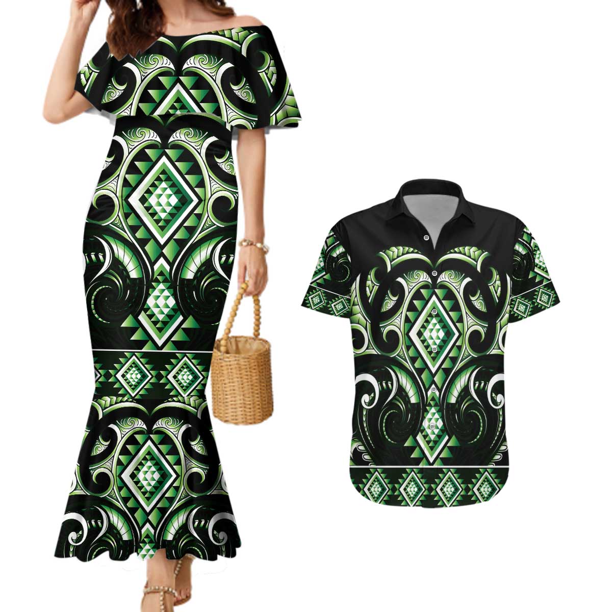 Green Ngaru Taniko With Aotearoa Maori Tattoo Couples Matching Mermaid Dress and Hawaiian Shirt