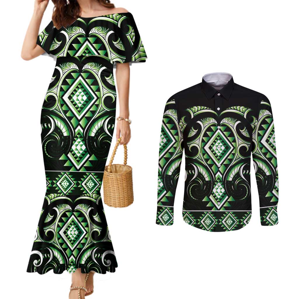 Green Ngaru Taniko With Aotearoa Maori Tattoo Couples Matching Mermaid Dress and Long Sleeve Button Shirt