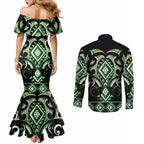 Green Ngaru Taniko With Aotearoa Maori Tattoo Couples Matching Mermaid Dress and Long Sleeve Button Shirt