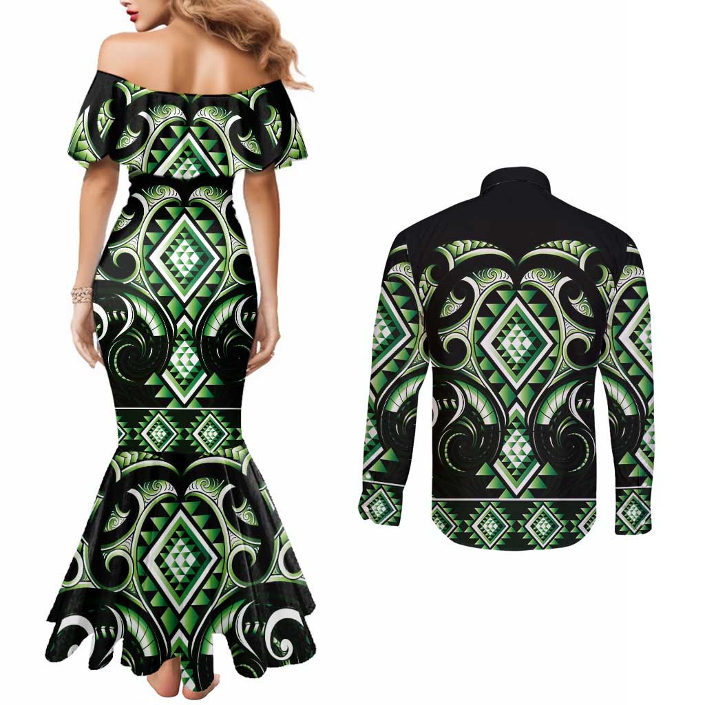 Green Ngaru Taniko With Aotearoa Maori Tattoo Couples Matching Mermaid Dress and Long Sleeve Button Shirt