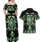 Green Ngaru Taniko With Aotearoa Maori Tattoo Couples Matching Off Shoulder Maxi Dress and Hawaiian Shirt