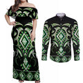 Green Ngaru Taniko With Aotearoa Maori Tattoo Couples Matching Off Shoulder Maxi Dress and Long Sleeve Button Shirt