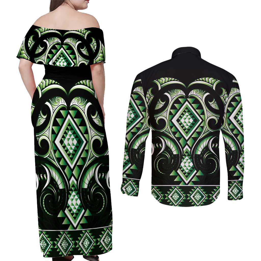 Green Ngaru Taniko With Aotearoa Maori Tattoo Couples Matching Off Shoulder Maxi Dress and Long Sleeve Button Shirt