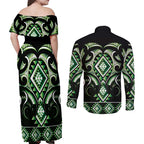 Green Ngaru Taniko With Aotearoa Maori Tattoo Couples Matching Off Shoulder Maxi Dress and Long Sleeve Button Shirt