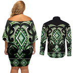 Green Ngaru Taniko With Aotearoa Maori Tattoo Couples Matching Off Shoulder Short Dress and Long Sleeve Button Shirt