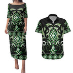 Green Ngaru Taniko With Aotearoa Maori Tattoo Couples Matching Puletasi and Hawaiian Shirt