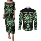 Green Ngaru Taniko With Aotearoa Maori Tattoo Couples Matching Puletasi and Long Sleeve Button Shirt