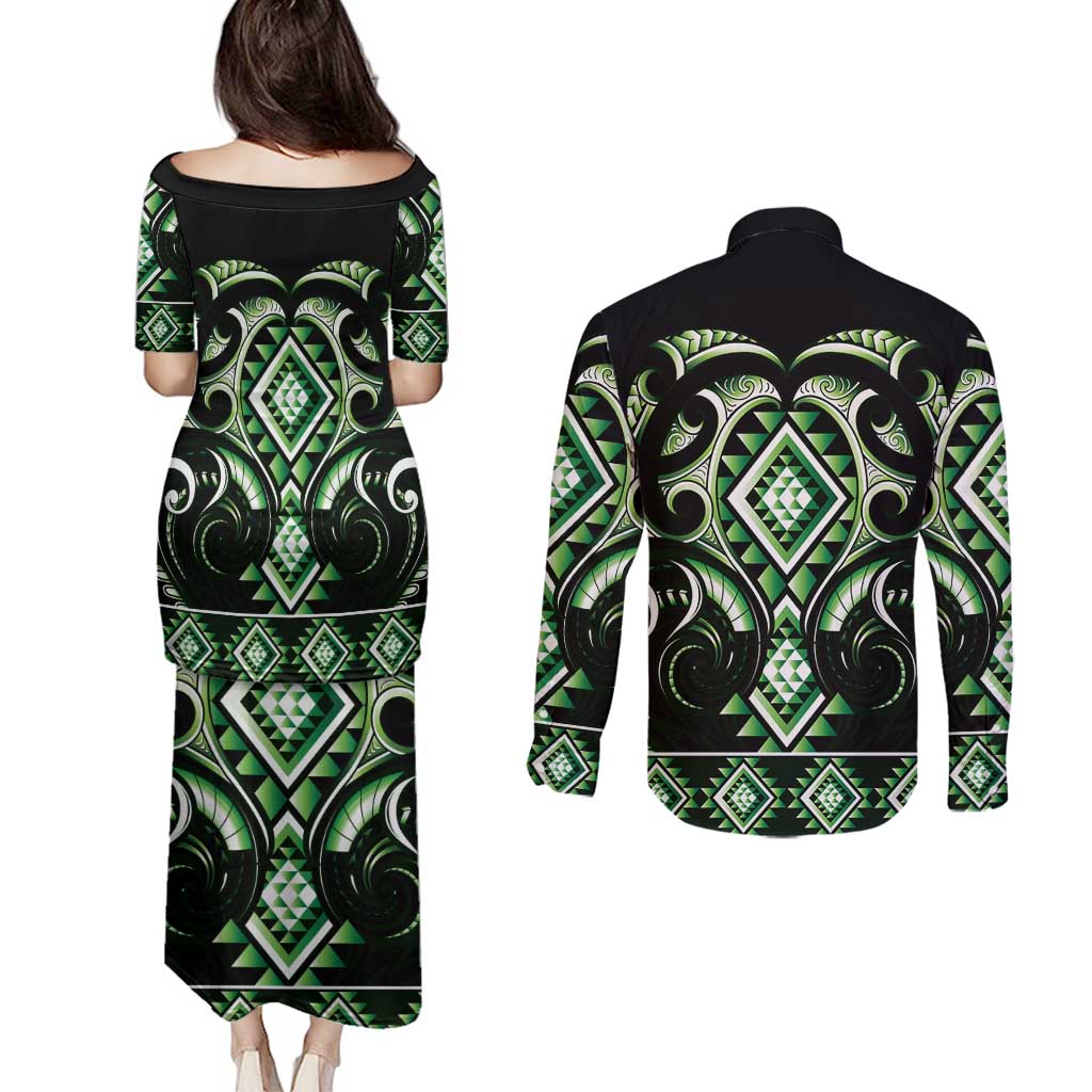 Green Ngaru Taniko With Aotearoa Maori Tattoo Couples Matching Puletasi and Long Sleeve Button Shirt