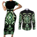 Green Ngaru Taniko With Aotearoa Maori Tattoo Couples Matching Short Sleeve Bodycon Dress and Long Sleeve Button Shirt