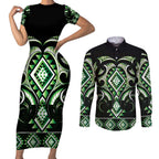 Green Ngaru Taniko With Aotearoa Maori Tattoo Couples Matching Short Sleeve Bodycon Dress and Long Sleeve Button Shirt