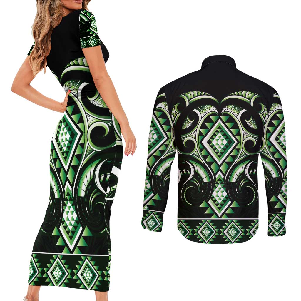 Green Ngaru Taniko With Aotearoa Maori Tattoo Couples Matching Short Sleeve Bodycon Dress and Long Sleeve Button Shirt