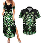 Green Ngaru Taniko With Aotearoa Maori Tattoo Couples Matching Summer Maxi Dress and Hawaiian Shirt