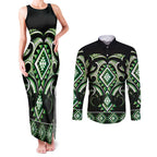 Green Ngaru Taniko With Aotearoa Maori Tattoo Couples Matching Tank Maxi Dress and Long Sleeve Button Shirt
