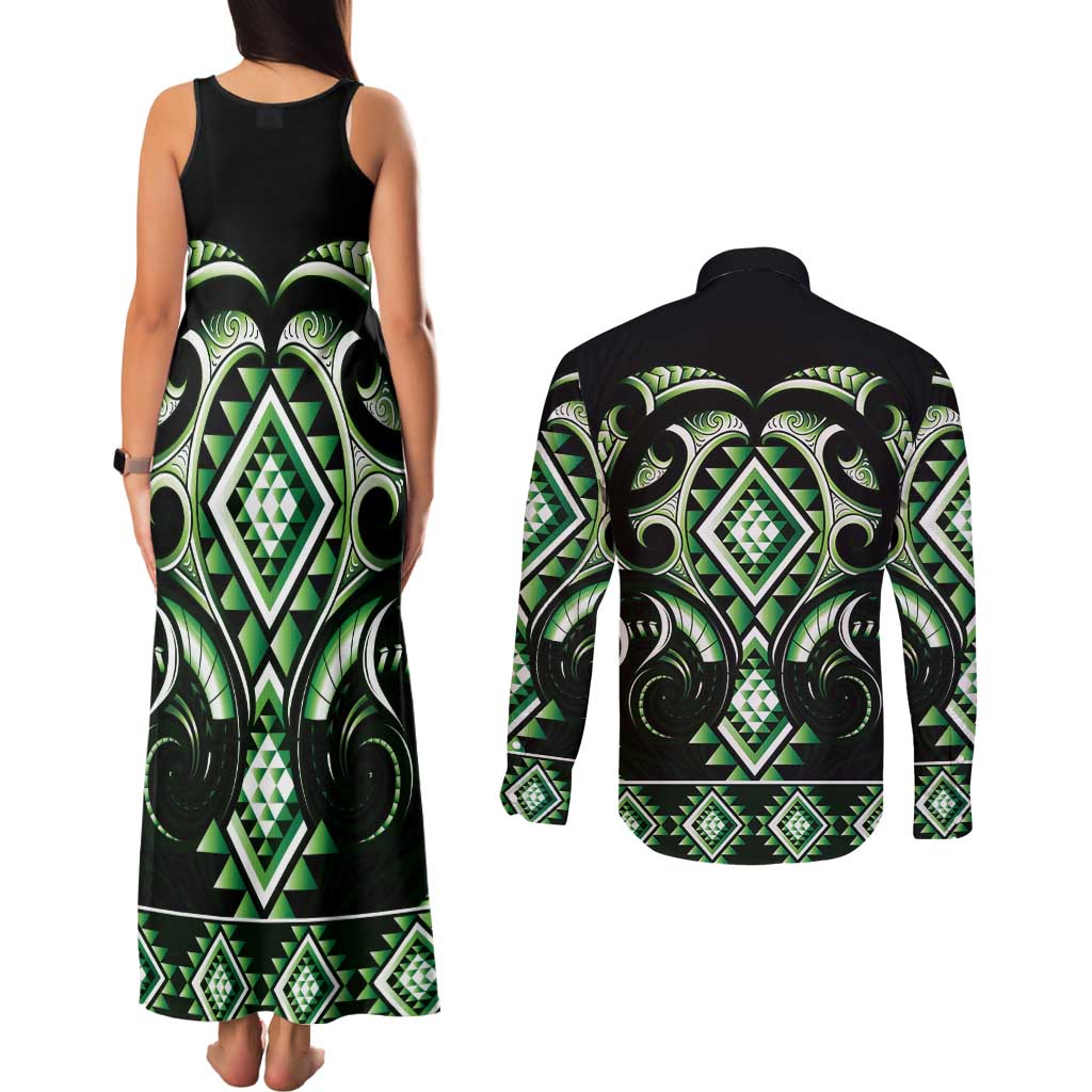 Green Ngaru Taniko With Aotearoa Maori Tattoo Couples Matching Tank Maxi Dress and Long Sleeve Button Shirt