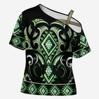 Green Ngaru Taniko With Aotearoa Maori Tattoo Cross Shoulder Shirt - Aussie Hoodie