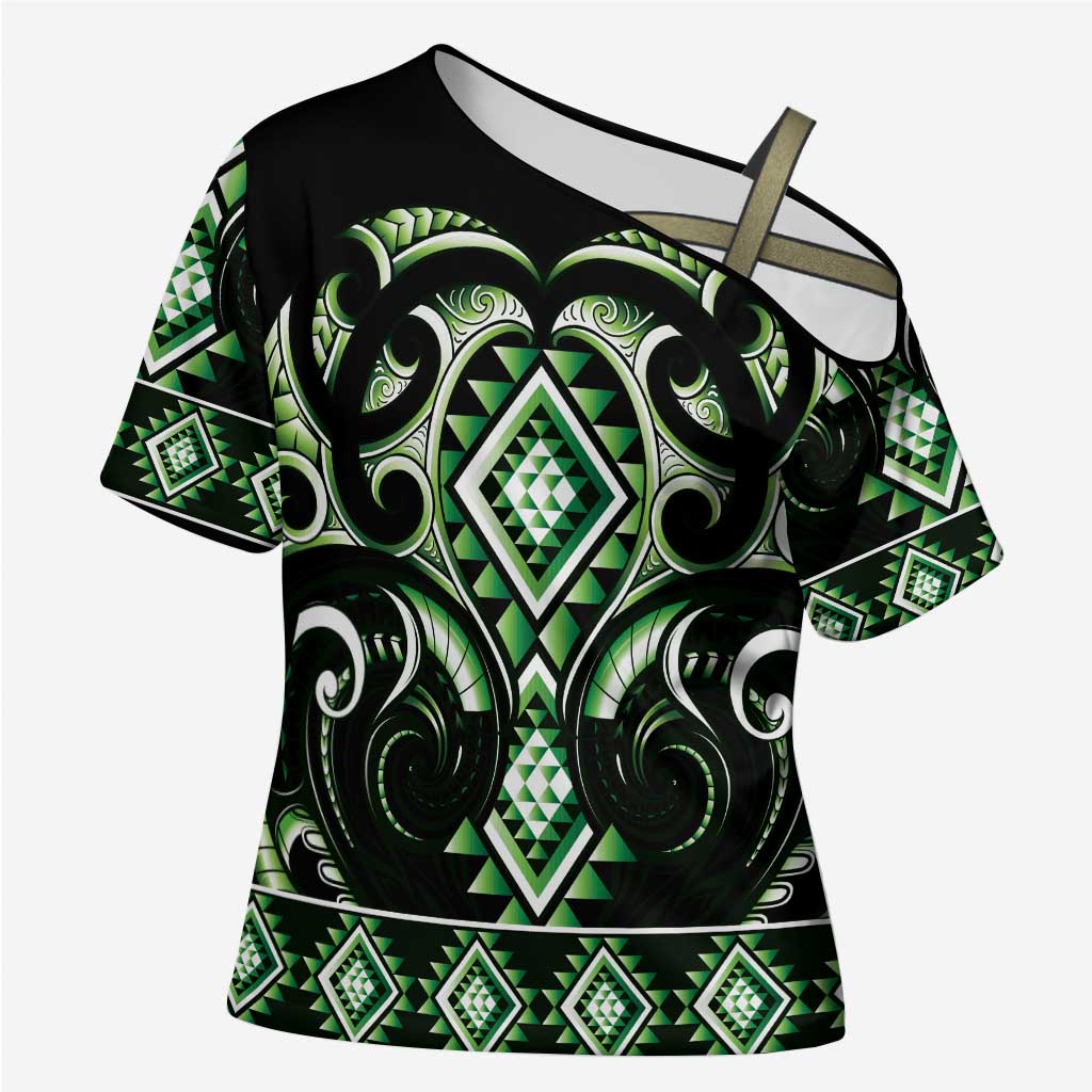 Green Ngaru Taniko With Aotearoa Maori Tattoo Cross Shoulder Shirt - Aussie Hoodie