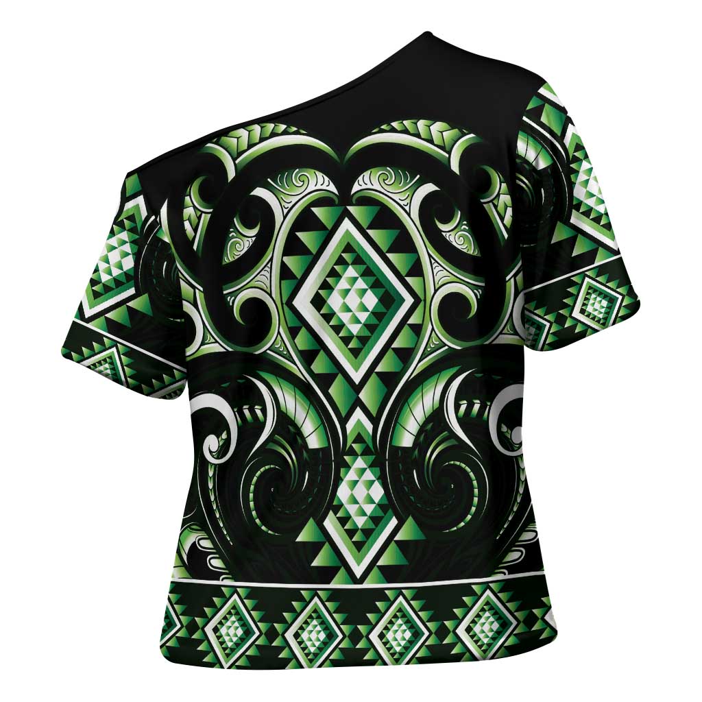 Green Ngaru Taniko With Aotearoa Maori Tattoo Cross Shoulder Shirt - Aussie Hoodie