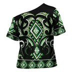 Green Ngaru Taniko With Aotearoa Maori Tattoo Cross Shoulder Shirt - Aussie Hoodie