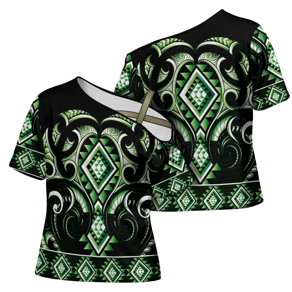 Green Ngaru Taniko With Aotearoa Maori Tattoo Cross Shoulder Shirt - Aussie Hoodie