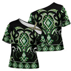 Green Ngaru Taniko With Aotearoa Maori Tattoo Cross Shoulder Shirt - Aussie Hoodie