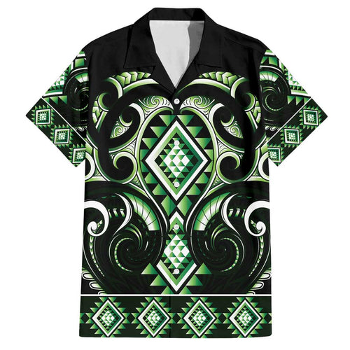 Green Ngaru Taniko With Aotearoa Maori Tattoo Family Matching Long Sleeve Bodycon Dress and Hawaiian Shirt