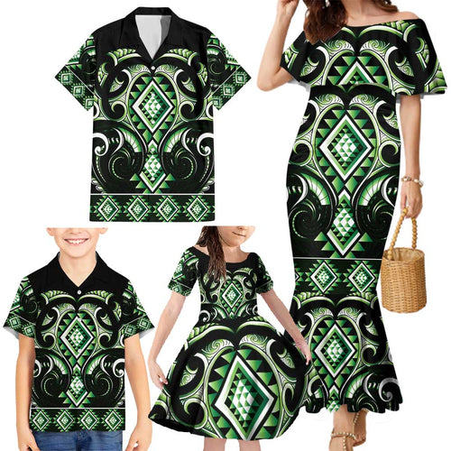 Green Ngaru Taniko With Aotearoa Maori Tattoo Family Matching Mermaid Dress and Hawaiian Shirt