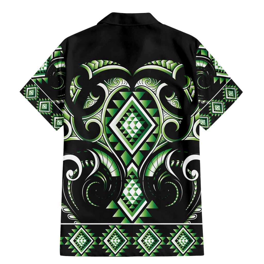 Green Ngaru Taniko With Aotearoa Maori Tattoo Family Matching Mermaid Dress and Hawaiian Shirt