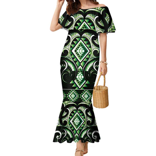 Green Ngaru Taniko With Aotearoa Maori Tattoo Family Matching Mermaid Dress and Hawaiian Shirt