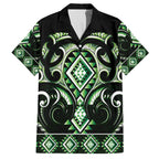 Green Ngaru Taniko With Aotearoa Maori Tattoo Family Matching Off The Shoulder Long Sleeve Dress and Hawaiian Shirt